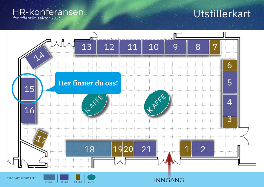 Bildet viser et kart over hvor du finner oss i utstillerområdet på HR-konferansen. Gå til venstre med en gang du går inn inngangen, så finner du oss i bod nr 15.