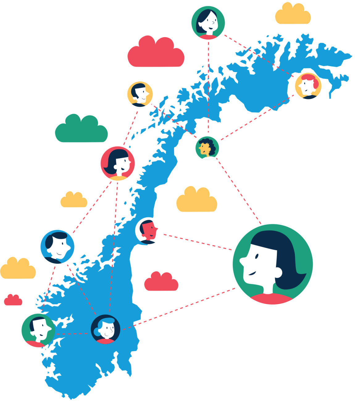 Illustrasjon av statsansatte spredt over hele Norge